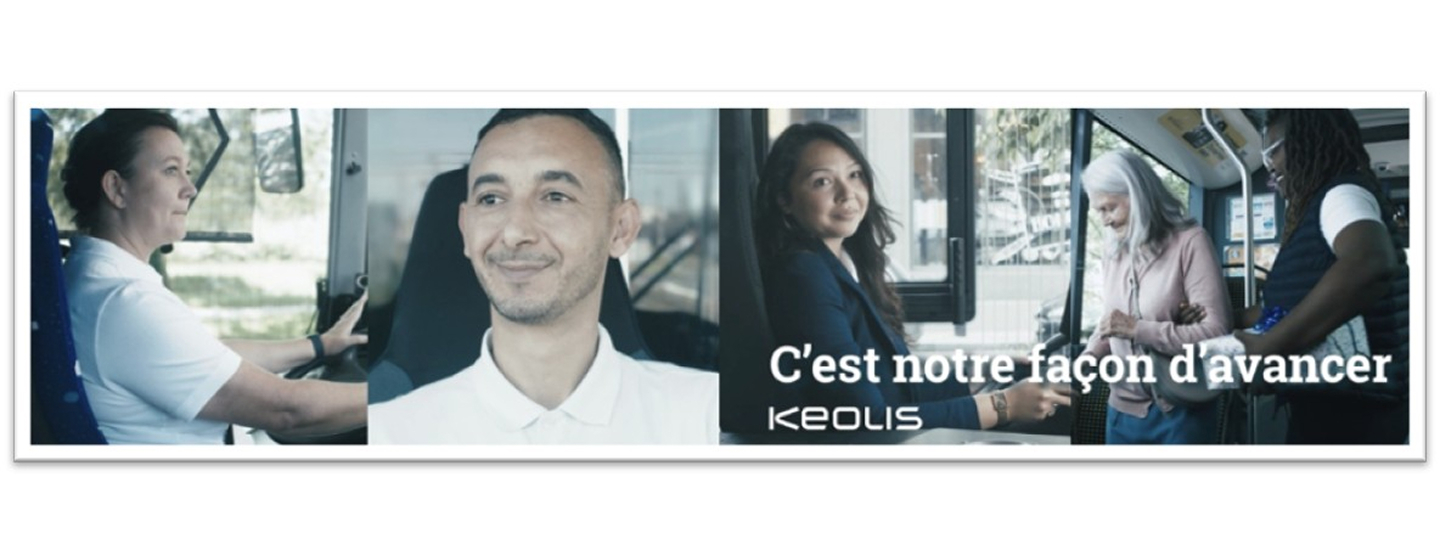 Un montage de photos d'hommes et de femmes chauffeurs de bus avec la mention :C'est notre façon d'avancer - Keolis